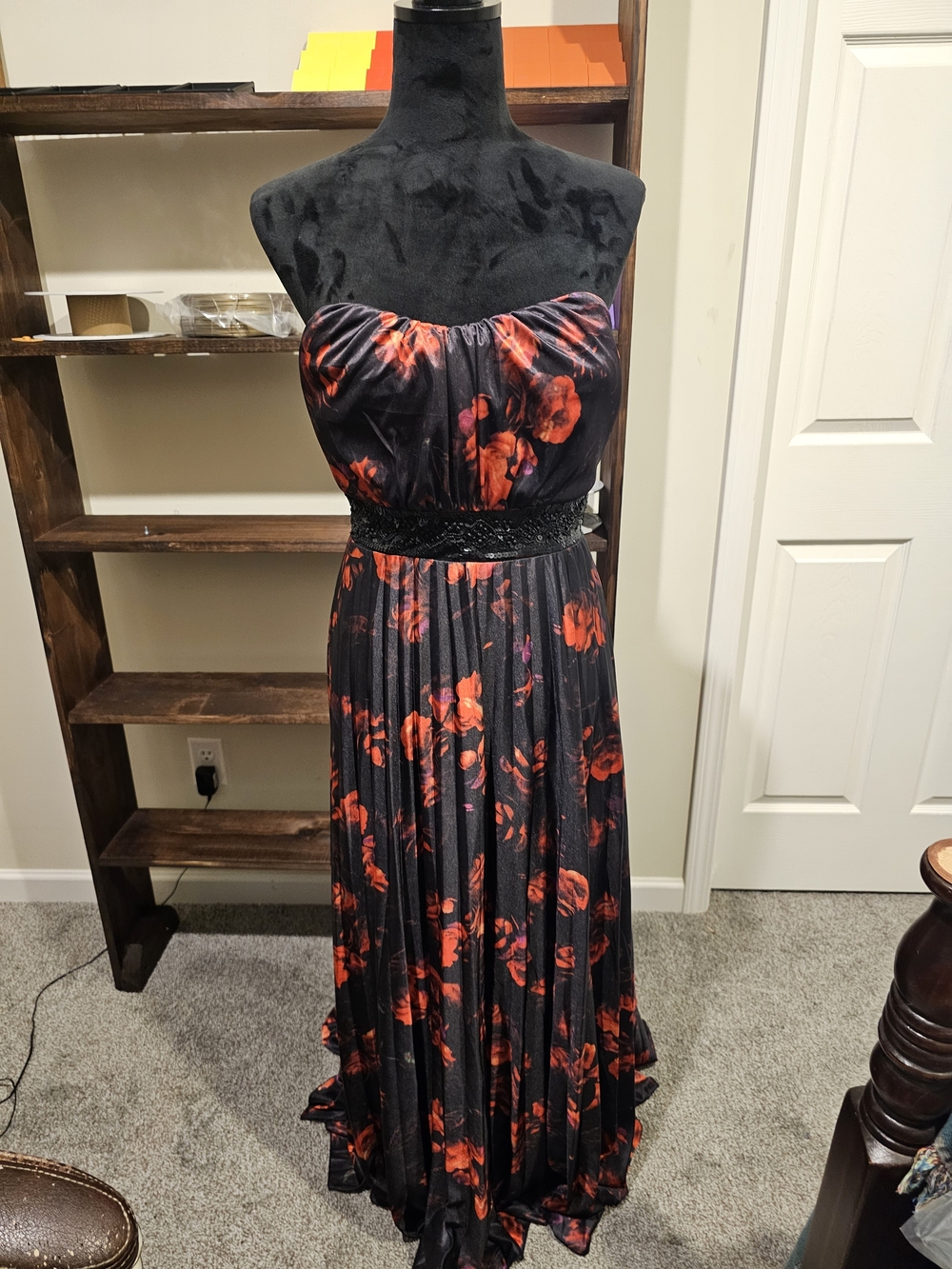 Strapless Black Floral Evening Gown with Red Accents